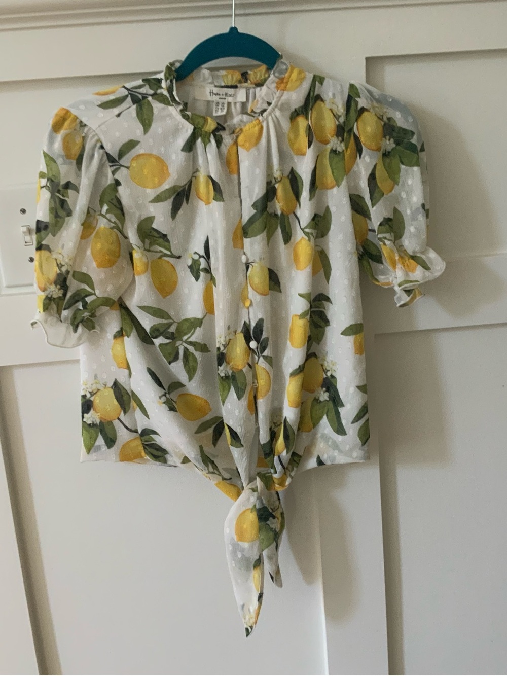 Tie-Front Lemon Print Blouse - White & Yellow